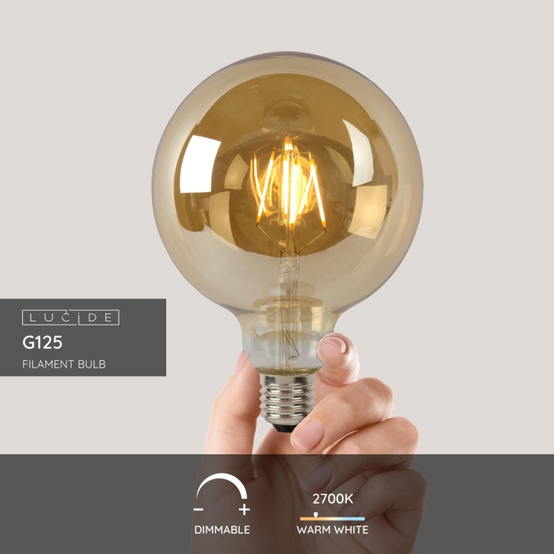 Lucide G125 - Žiarovka - Ø 12,5 cm - LED Rozm. - E27 - 1x8W 2700K - Jantárová